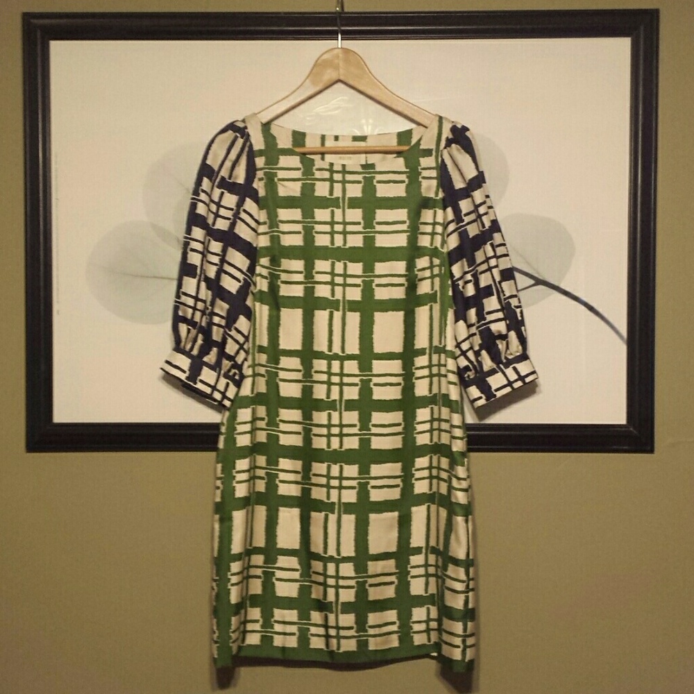 💙 Anthro Maeve silk shift dress broken block 💚